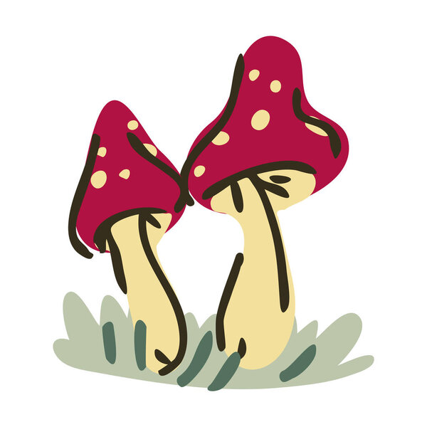 Cute cartoon toadstool mushroom monochrome lineart vector illustration. Simple fly agaric sticker clipart. Kids poisonous fungi hand drawn kawaii mycology. 