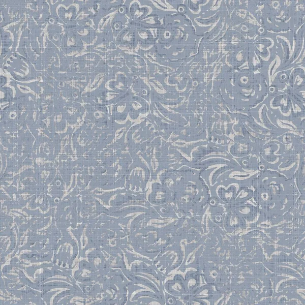 Naadloze franse boerderij linnen gevlekte print achtergrond. Provence blauw grijs linnen rustiek patroon textuur. Shabby chique stijl gedragen geweven vlas textiel helemaal over print. — Stockfoto