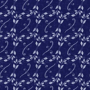 İndigo mavi yaprak bloğu boyanmış keten desenli arka plan. Kusursuz örülmüş Japonlar batik kumaş örneklerini tekrarlıyorlar. Çiçek yaprakları organik bulanık blok izi. Tüm tekstil için dekoratif kumaş..