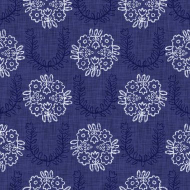 İndigo mavisi çiçek bloğu boyanmış keten desenli arka plan. Kusursuz örülmüş Japonlar batik kumaş örneklerini tekrarlıyorlar. Çiçeksel organik bulanık blok izleri tekstilin her yerinde.
