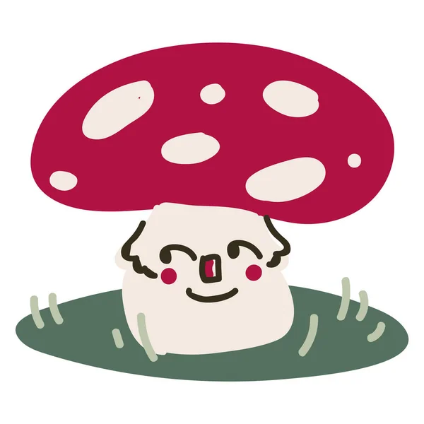 Cogumelo de toadstool de desenho animado bonito com ilustração de vetor de lineart monocromático facial. Simples mosca clipart etiqueta agárica. Crianças fungos venenosos mão desenhada kawaii micologia. — Vetor de Stock