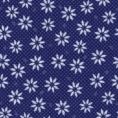 İndigo mavisi çiçek bloğu boyanmış keten desenli arka plan. Kusursuz örülmüş Japonlar batik kumaş örneklerini tekrarlıyorlar. Çiçeksel organik bulanık blok izleri tekstilin her yerinde.
