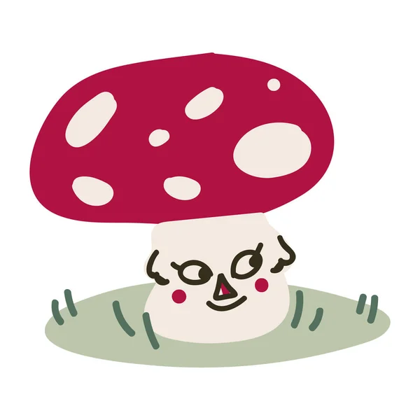 Carino fungo sgabello cartone animato con volto monocromatico linearte vettoriale illustrazione. Semplice volare agarico adesivo clipart. Bambini funghi velenosi disegnati a mano kawaii micologia. — Vettoriale Stock