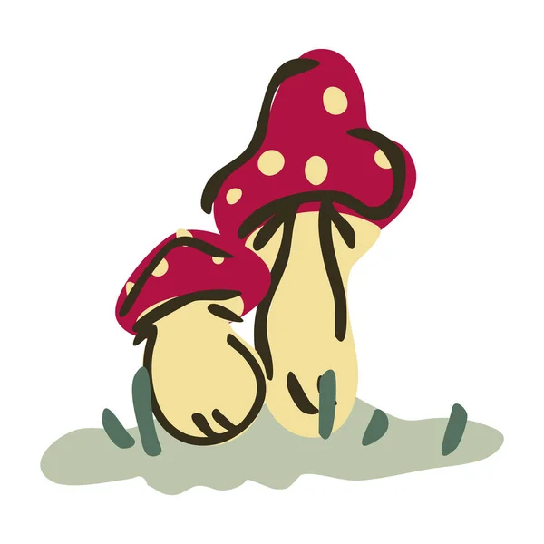 Cute kartun toadstool jamur monokrom garis keturunan vektor ilustrasi. Klien stiker terbang sederhana. Anak-anak keracunan tangan jamur ditarik kawaii mikologi. - Stok Vektor