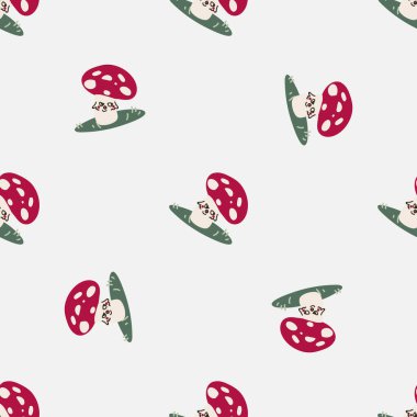 Şirin cinsiyet olarak nötr mantarlı kawaii yüz vektör desenli. Mantarlar agarik ev dekorasyonu çizgi film mantarı uçurur. Kusursuz boho zehirli mikoloji her yerde parmak izi. 