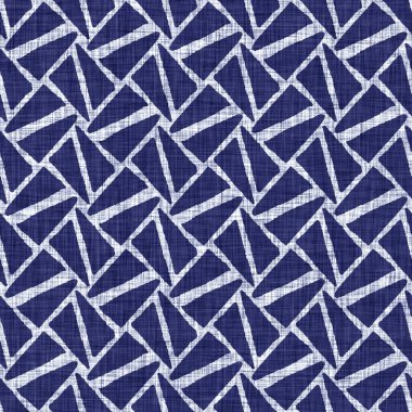 Kusursuz çivit geometrik doku. Donanma mavisi, jeo biçimli pamuk boyalı efekt arka planı. Japonlar soyut motif kalıplarına direniyor. Kumaşın her yerinde Asya füzyonu var..