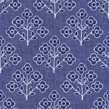 İndigo mavisi çiçek bloğu boyanmış keten desenli arka plan. Kusursuz örülmüş Japonlar batik kumaş örneklerini tekrarlıyorlar. Çiçeksel organik bulanık blok izleri tekstilin her yerinde.