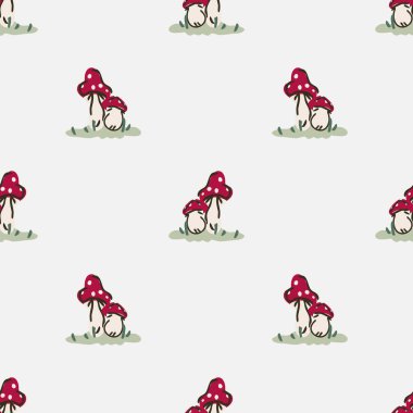 Şirin cinsiyet nötr mantar vektör deseni. Mantarlar agarik ev dekorasyonu çizgi film mantarı uçurur. Kusursuz boho zehirli mikoloji her yerde parmak izi. 