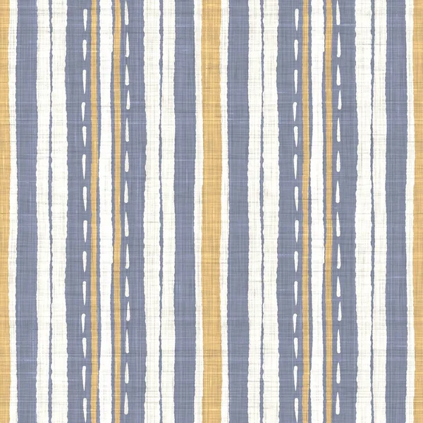 Seamless french blue yellow farmhouse style stripes texture. Woven linen cloth pattern background. Line striped closeup weave fabric for kitchen towel material. Pinstripe fiber picnic table cloth