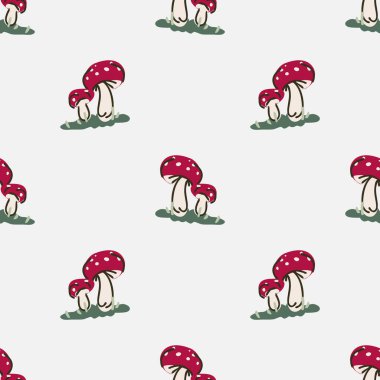 Şirin cinsiyet nötr mantar vektör deseni. Mantarlar agarik ev dekorasyonu çizgi film mantarı uçurur. Kusursuz boho zehirli mikoloji her yerde parmak izi. 