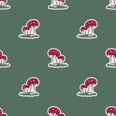 Şirin cinsiyet nötr mantar vektör deseni. Mantarlar agarik ev dekorasyonu çizgi film mantarı uçurur. Kusursuz boho zehirli mikoloji her yerde parmak izi. 