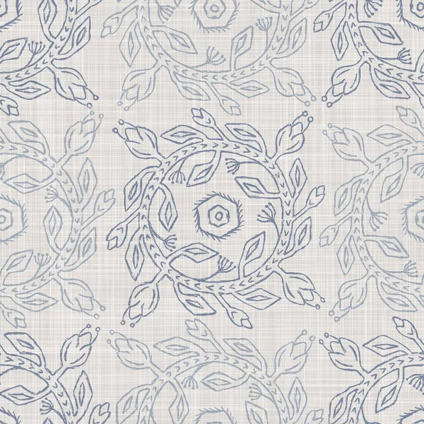 Seamless french farmhouse linen printed floral damask background. Provence blue gray linen pattern texture. Shabby chic style woven blur background. Textile rustic all over print