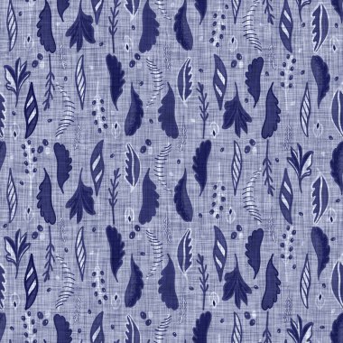 İndigo mavi yaprak bloğu boyanmış keten desenli arka plan. Kusursuz örülmüş Japonlar batik kumaş örneklerini tekrarlıyorlar. Çiçek yaprakları organik bulanık blok izi. Tüm tekstil için dekoratif kumaş..