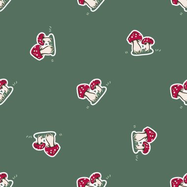 Şirin cinsiyet nötr mantar vektör deseni. Mantarlar agarik ev dekorasyonu çizgi film mantarı uçurur. Kusursuz boho zehirli mikoloji her yerde parmak izi. 