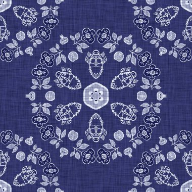 İndigo mavisi çiçek bloğu boyanmış keten desenli arka plan. Kusursuz örülmüş Japonlar batik kumaş örneklerini tekrarlıyorlar. Çiçeksel organik bulanık blok izleri tekstilin her yerinde.