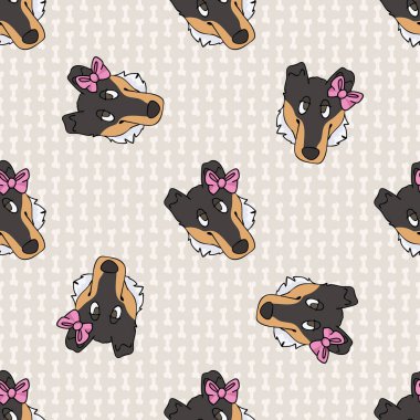 Pembe pembeli, pürüzsüz vektör desenli, el çizimi şirin çoban köpeği. Pençe arka planında safkan köpek yavrusu. Köpek sever, oyuncak, spanyel evcil hayvan her yerde. Köpek kulübesi.. 