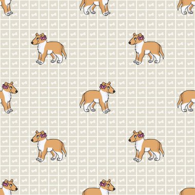 Pembe pembeli, pürüzsüz vektör desenli, el çizimi şirin bir çoban köpeği yavrusu. Pençe arka planında safkan köpek yavrusu. Köpek sever, oyuncak, spanyel evcil hayvan her yerde. Köpek kulübesi.. 