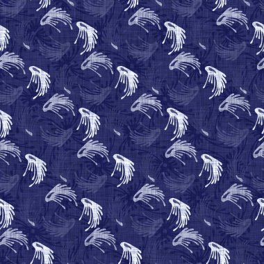 İndigo mavi yaprak bloğu boyanmış keten desenli arka plan. Kusursuz örülmüş Japonlar batik kumaş örneklerini tekrarlıyorlar. Çiçek yaprakları organik bulanık blok izi. Tüm tekstil için dekoratif kumaş..