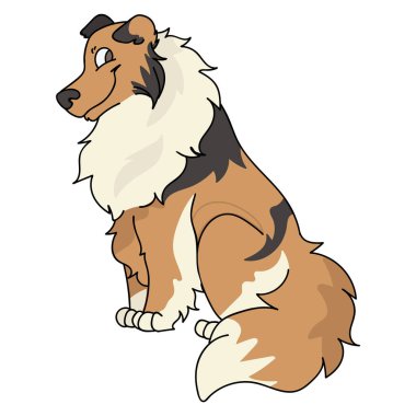 Tatlı çizgi film Rough Collie oturan köpek vektörü klibi. Köpek kulübümüz için soylu köpek yavrusu. Evcil hayvan salonu illüstrasyon maskotu için safkan evcil köpek yavrusu eğitimi. İzole köpek avlama cinsi