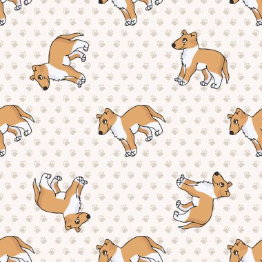 Elle çizilmiş şirin, pürüzsüz köpek yavrusu, kusursuz vektör desenli. Pençe arka planında safkan köpek yavrusu. Köpek sever, oyuncak, spanyel evcil hayvan her yerde. Köpek kulübesi köpeği. EPS 10. 