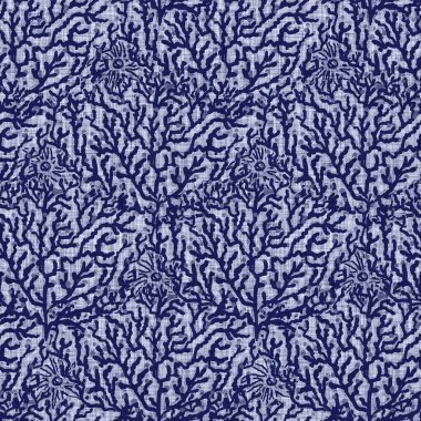 İndigo mavi yaprak bloğu boyanmış keten desenli arka plan. Kusursuz örülmüş Japonlar batik kumaş örneklerini tekrarlıyorlar. Çiçek yaprakları organik bulanık blok izi. Tüm tekstil için dekoratif kumaş..