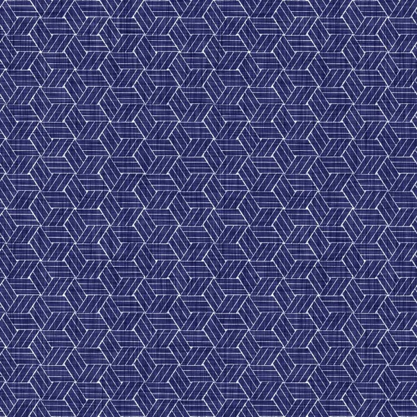 Textura geométrica indigo sem costura. Azul marinho tecido geo forma algodão tingido efeito fundo. japonês repetição batik resistir abstrato motivo padrão. Fusão asiática em toda a impressão de pano de borrão têxtil. — Fotografia de Stock