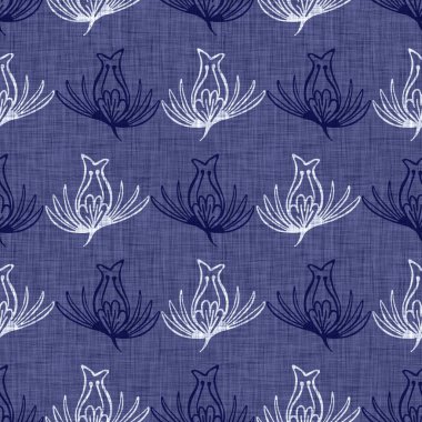 İndigo mavisi çiçek bloğu boyanmış keten desenli arka plan. Kusursuz örülmüş Japonlar batik kumaş örneklerini tekrarlıyorlar. Çiçeksel organik bulanık blok izleri tekstilin her yerinde.