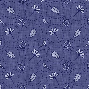 İndigo mavisi çiçek bloğu boyanmış keten desenli arka plan. Kusursuz örülmüş Japonlar batik kumaş örneklerini tekrarlıyorlar. Çiçeksel organik bulanık blok izleri tekstilin her yerinde.