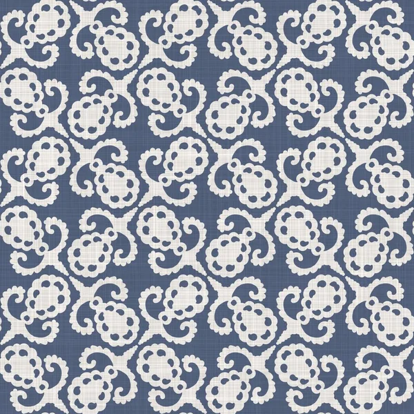 Seamless french farmhouse damask linen pattern. Provence blue white woven texture. Shabby chic style decorative fabric background. Textile rustic all over print — Stock Photo, Image