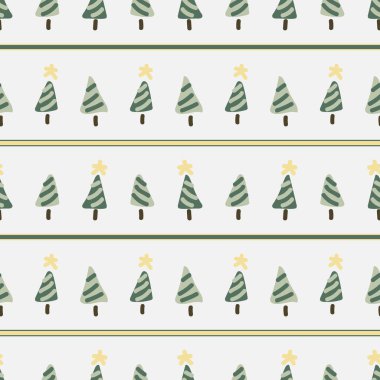 Şirin cinsiyet nötr noel ağacı kusursuz vektör deseni. Kozalaklı çam ağacı ev dekorasyonu çizgi film tatil ormanı. Her yerde köknar var..