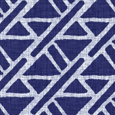 Kusursuz çivit geometrik doku. Donanma mavisi, jeo biçimli pamuk boyalı efekt arka planı. Japonlar soyut motif kalıplarına direniyor. Kumaşın her yerinde Asya füzyonu var..