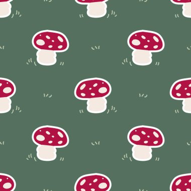 Şirin cinsiyet nötr mantar vektör deseni. Mantarlar agarik ev dekorasyonu çizgi film mantarı uçurur. Kusursuz boho zehirli mikoloji her yerde parmak izi. 
