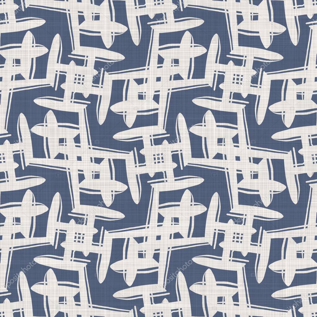 Seamless french farmhouse linen summer block print background. Provence blue gray linen rustic pattern texture. Shabby chic style old woven flax blur. Textile all over print.