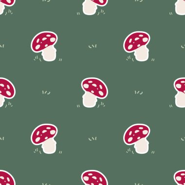 Şirin cinsiyet nötr mantar vektör deseni. Mantarlar agarik ev dekorasyonu çizgi film mantarı uçurur. Kusursuz boho zehirli mikoloji her yerde parmak izi. 