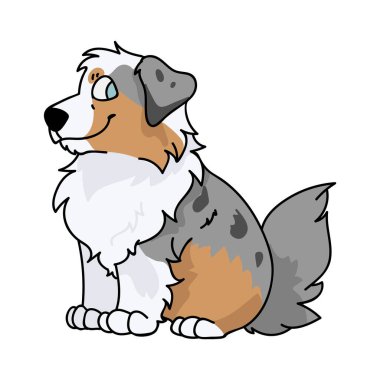 Şirin karikatür Avustralya çoban köpeği yavrusu vektör klibi. Köpek kulübümüz için soylu köpek yavrusu. Evcil hayvan salonu illüstrasyon maskotu için safkan köpek eğitimi. İzole köpek avı.