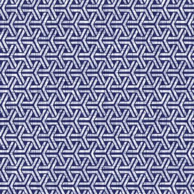 Kusursuz çivit geometrik doku. Donanma mavisi, jeo biçimli pamuk boyalı efekt arka planı. Japonlar soyut motif kalıplarına direniyor. Kumaşın her yerinde Asya füzyonu var..