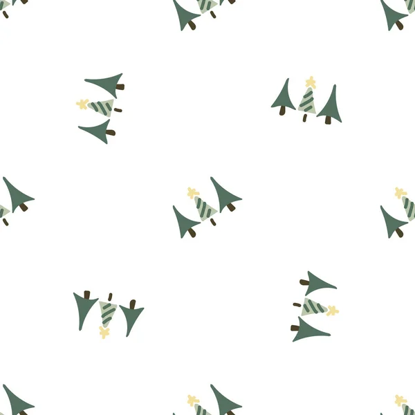 Lindo género neutro pino patrón de vector sin costura. Árbol de Navidad coníferas decoración del hogar dibujos animados bosque de vacaciones. Evergree abeto por todas partes imprimir. — Vector de stock