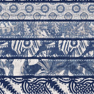 Denim mavisi yamalı örgü dokusu. Eski model baskılı pamuk tekstil efekti. Yamalı kot ev dekorasyonu yumuşak mobilya arka planı. Kumaş baskı malzemesinin her tarafına sccandi yorgan dikişi atılmış..
