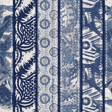 Denim mavisi yamalı örgü dokusu. Eski model baskılı pamuk tekstil efekti. Yamalı kot ev dekorasyonu yumuşak mobilya arka planı. Kumaş baskı malzemesinin her tarafına sccandi yorgan dikişi atılmış..