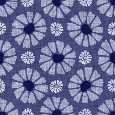 İndigo mavisi çiçek bloğu boyanmış keten desenli arka plan. Kusursuz örülmüş Japonlar batik kumaş örneklerini tekrarlıyorlar. Çiçeksel organik bulanık blok izleri tekstilin her yerinde.