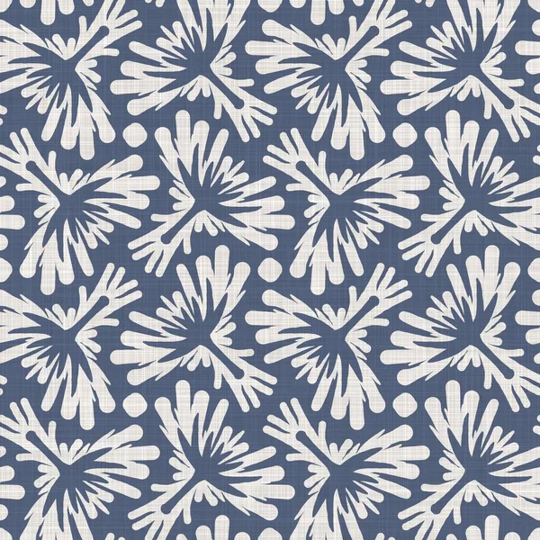 Seamless french farmhouse linen printed floral damask background. Provence blue gray linen pattern texture. Shabby chic style woven blur background. Textile rustic all over print — Stock Photo, Image