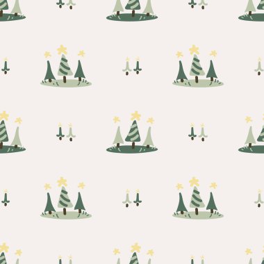 Şirin cinsiyet nötr noel ağacı kusursuz vektör deseni. Kozalaklı çam ağacı ev dekorasyonu çizgi film tatil ormanı. Her yerde köknar var..