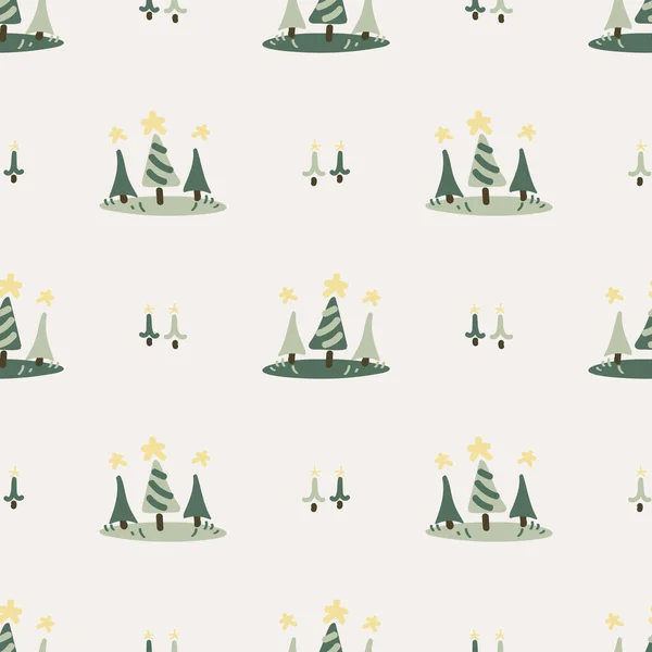 Roztomilý genderově neutrální vánoční stromeček hladký vektorový vzor. Jehličnany borovice domů dekor karikatura dovolená lesy. Evergree jedle po celém tisku. — Stockový vektor
