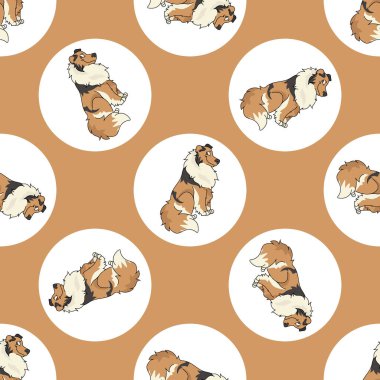 El çizimi şirin Rough Collie köpek cinsi polka noktasız vektör desenli. Purebread soya kökü evcil ve noktalı bir geçmişi var. Her yerde köpek sever oyuncak köpek var. Köpek kulübesi köpeği.. 
