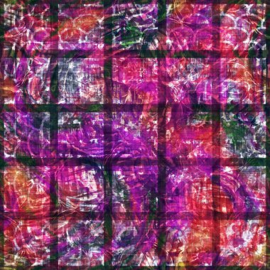 Renkli bir yaz yaması kare dokuması. Grunge baskılı boho pamuk tekstil etkisi. Yamalı ev dekorasyonu yumuşak mobilya arka planı. Çingene yorganı kumaşın her yerine dikilmiş..