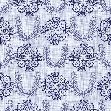 İndigo mavisi çiçek bloğu boyanmış keten desenli arka plan. Kusursuz örülmüş Japonlar batik kumaş örneklerini tekrarlıyorlar. Çiçeksel organik bulanık blok izleri tekstilin her yerinde.