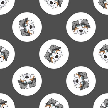 El çizimi şirin Avustralya çoban köpeği yüzlü polka noktasız vektör desenli. Purebread soya kökü evcil ve noktalı bir geçmişi var. Köpek sever çoban köpeği kafası parmak izi dolu. Kulübe.