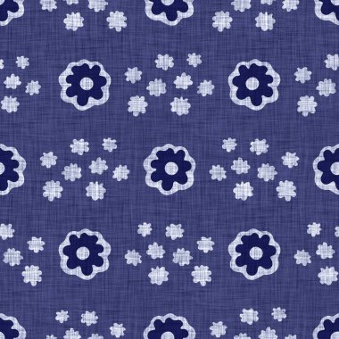 İndigo mavisi çiçek bloğu boyanmış keten desenli arka plan. Kusursuz örülmüş Japonlar batik kumaş örneklerini tekrarlıyorlar. Çiçeksel organik bulanık blok izleri tekstilin her yerinde.