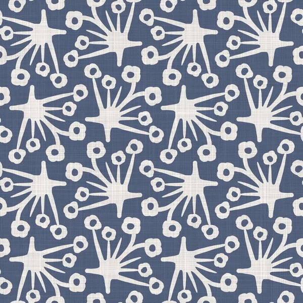 Seamless french farmhouse linen printed floral damask background. Provence blue gray linen pattern texture. Shabby chic style woven blur background. Textile rustic all over print — Stock Photo, Image