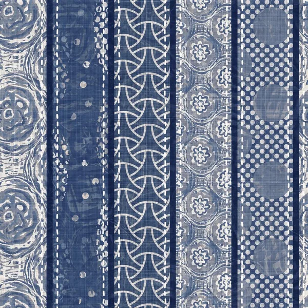 Denim blue patchwork stripe woven texture. Washed out vintage printed cotton textile effect. Patched jean home decor soft furnishing background. Scandi quilt stitch all over fabric print material. — Stock Photo, Image